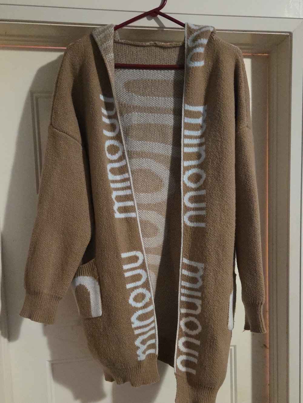 Taupe Hooded Open-Front Cardigan with Contrast Logo Trim